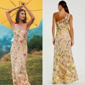 mac duggal one-shoulder embroidered maxi dress One Shoulder Long Sleeve Floral Embellished Gown main image 0